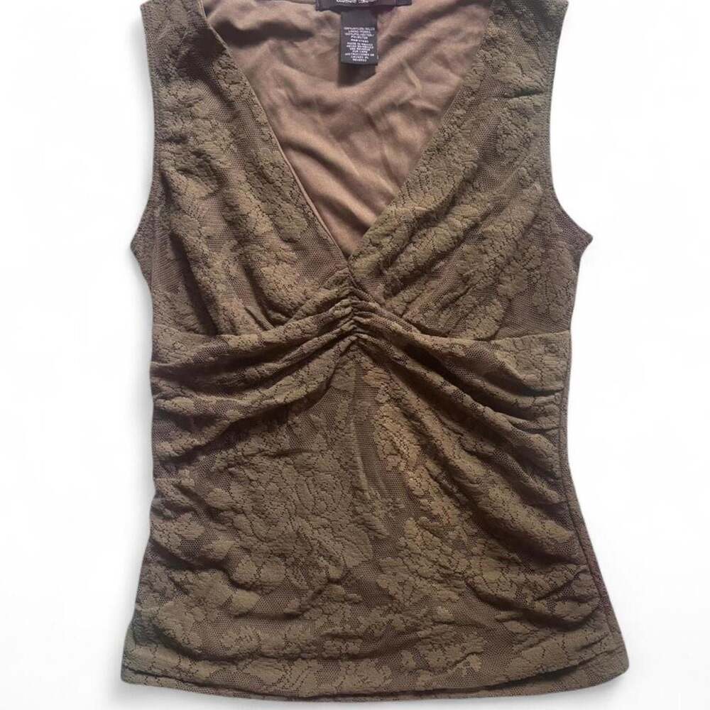 Vintage Rampage Green Floral Lace Sleeveless V-Neck Ruched Tank Top